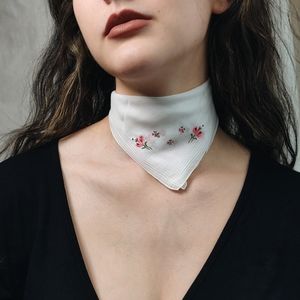 Pink Embroidered Flowers White Vintage Hankie